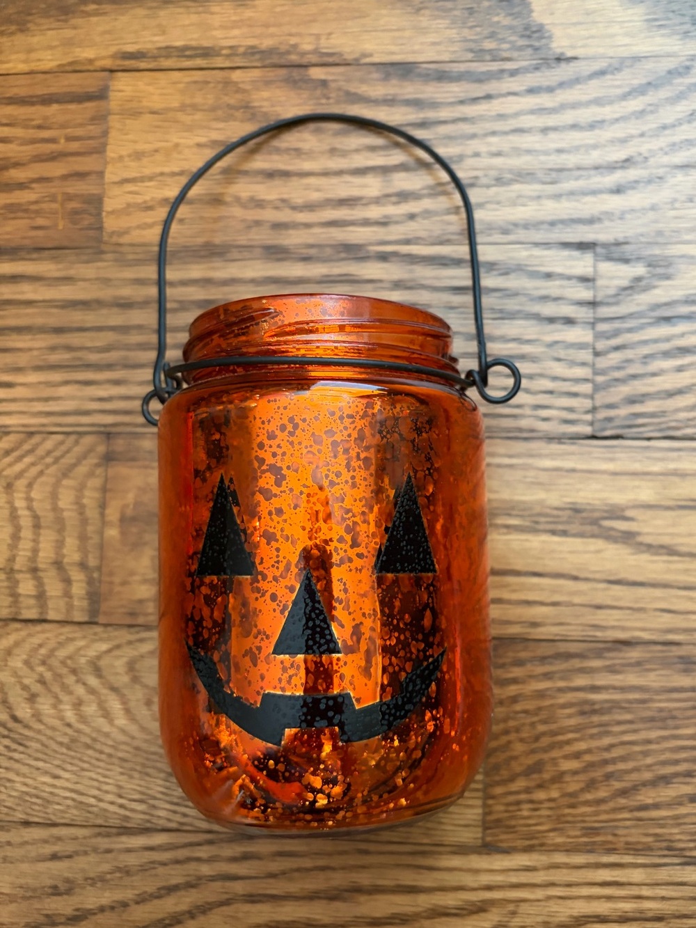 Orange Glass Jar Jack-O-Lantern Face Halloween Fall Decor Candle Holder No Lid